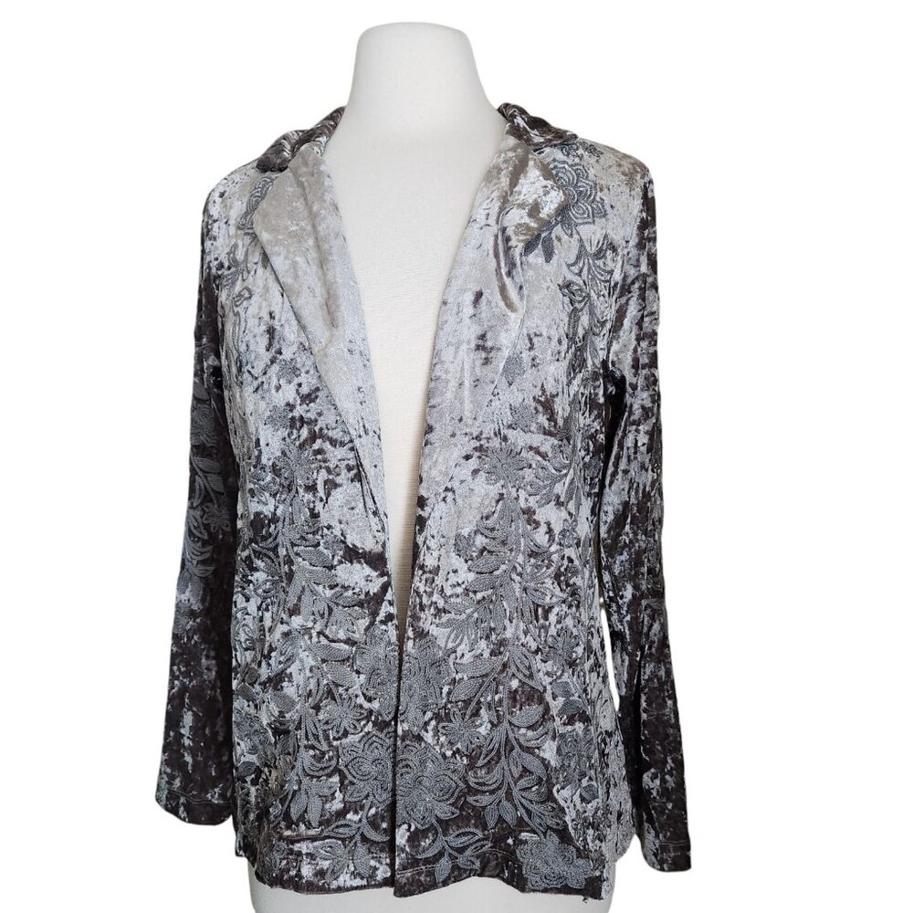 Savanna Jane Boho Floral Embroidery Crushed Velvet Open Front Jacket Small Gray